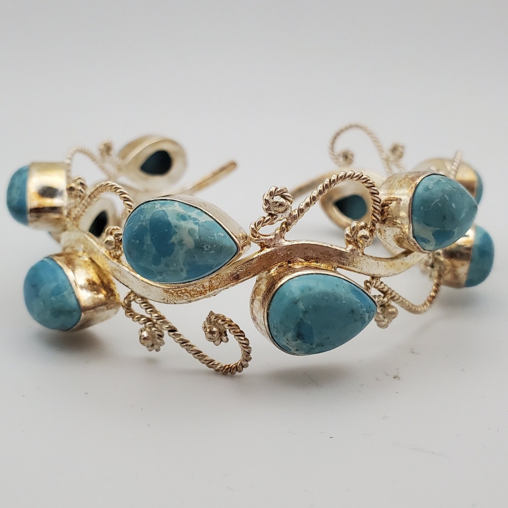 Sterling Silver Filagree Cuff Bangle Bracelet w/ Larimar Teardrop Stones 925